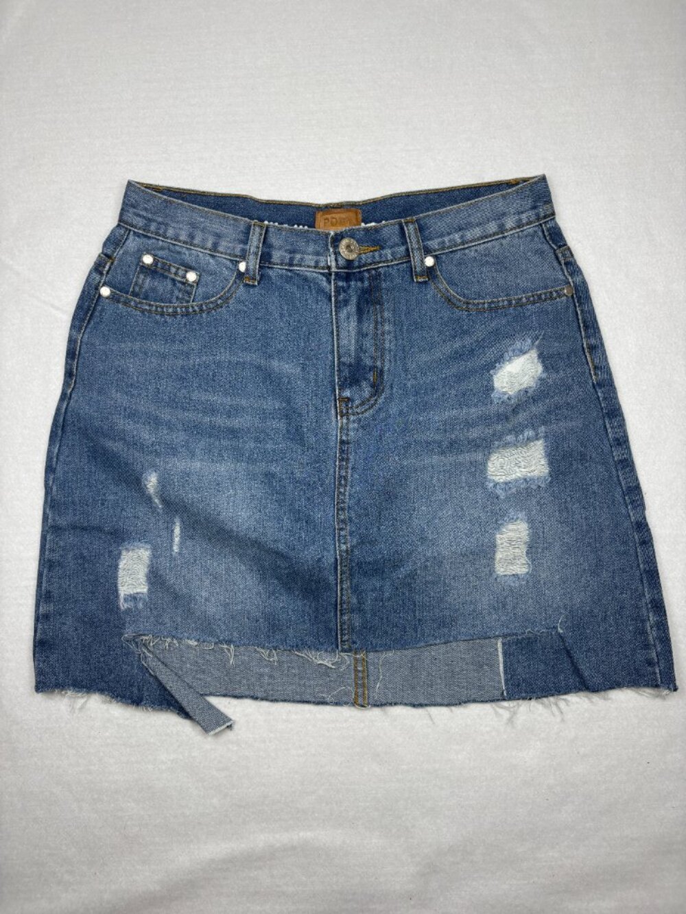 POL Distressed Denim Mini Skirt Raw Asymmetrical Hem Edgy Indie Streetwear L